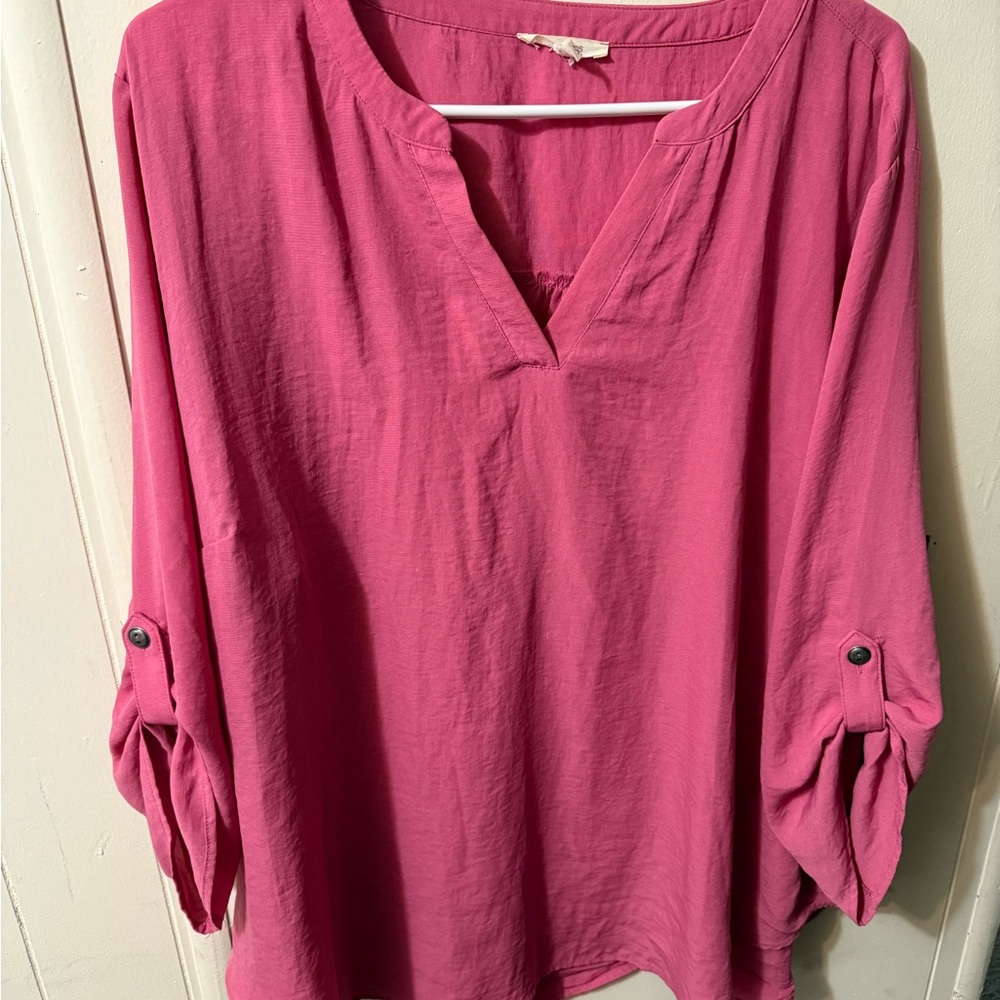 Maurices Pink Blouse with Cuffed Sleeves and Mandarin Collar